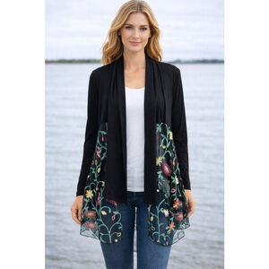 Kim & Cami Black Embroidered Mesh Open Front Cardigan Small